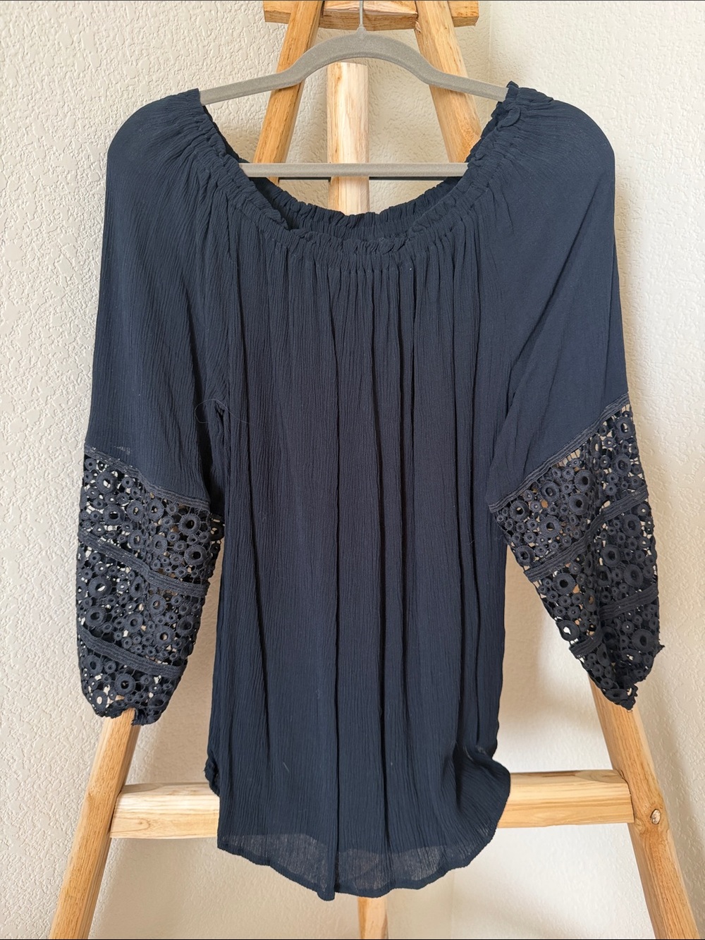 Alison Andrews Black Peasant Blouse with Eyelet Sleeve Detail